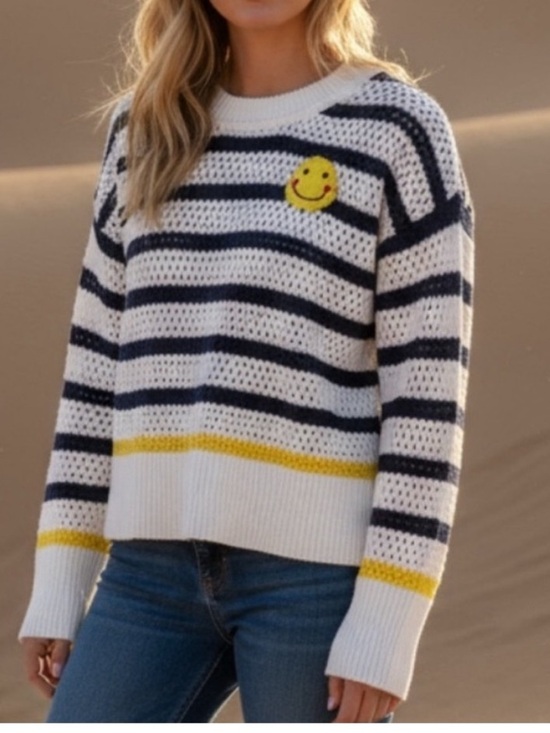 Kerri Rosenthal Sweaters - Kerri Rosenthal Crochet Knit Striped Smiley Embroidered Sweater Pullover Medium